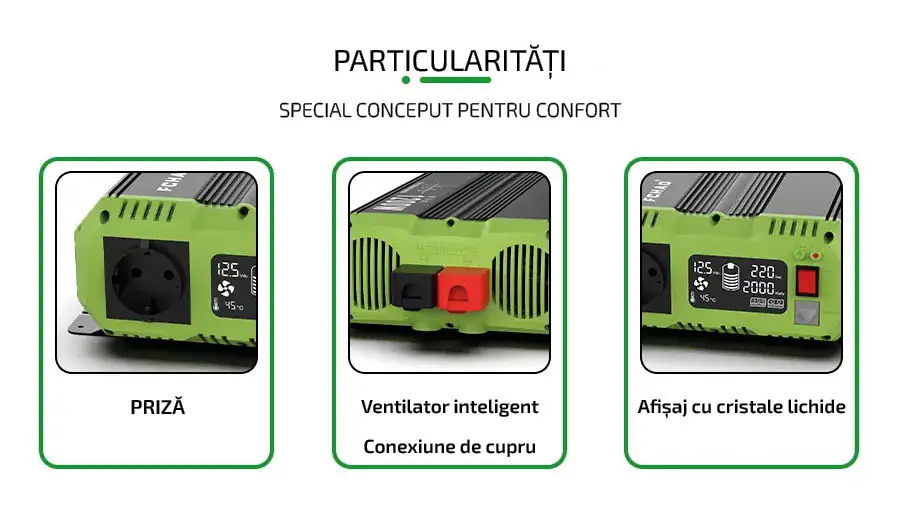 invertor 12-220 1200W Particularități - Prize 2 buc., Ventilator inteligent Conexiune de cupru, Ecran LCD